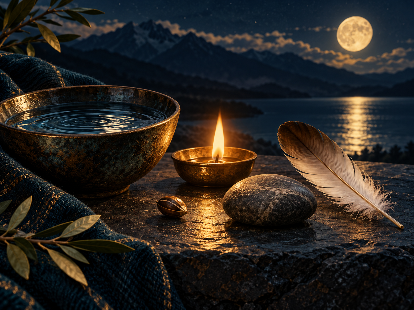 A still life of water, flame, seed, stone, feather, and moonlit bowl