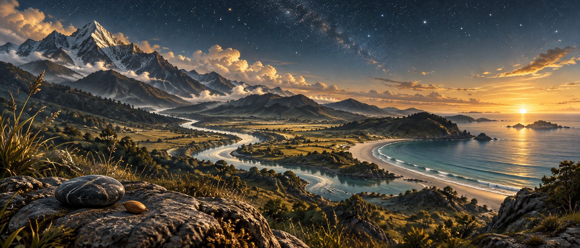 A single story world with mountains, river, grassland, sea, seed, and stone