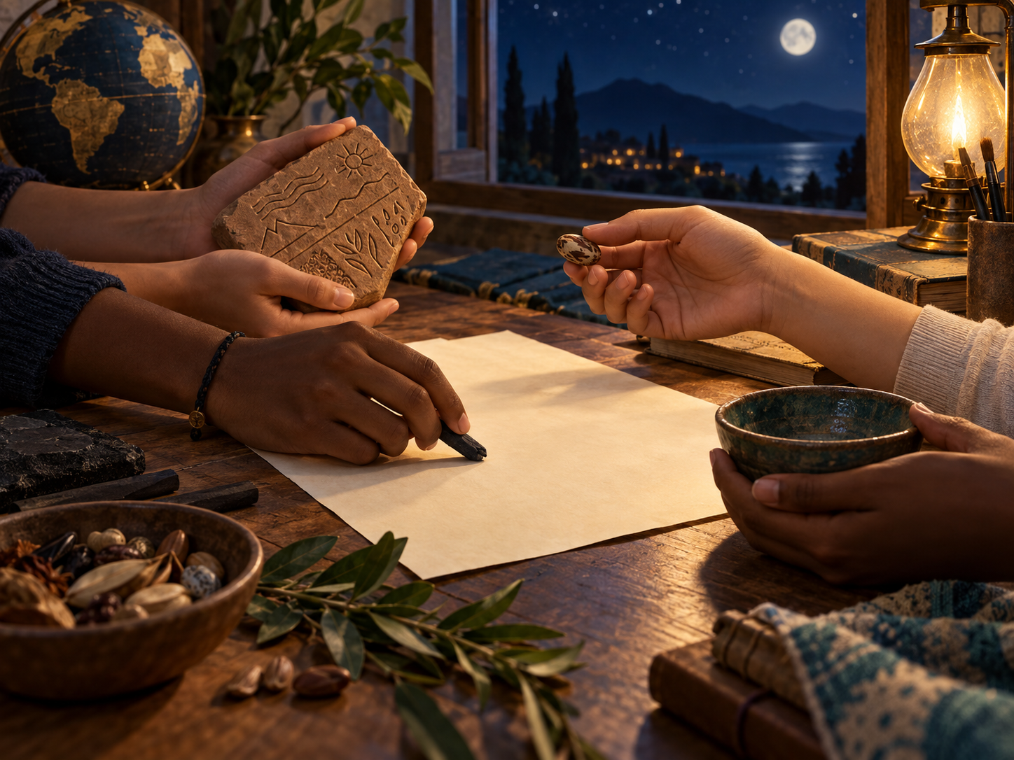 Students' hands working with blank paper and natural objects in warm lamplight