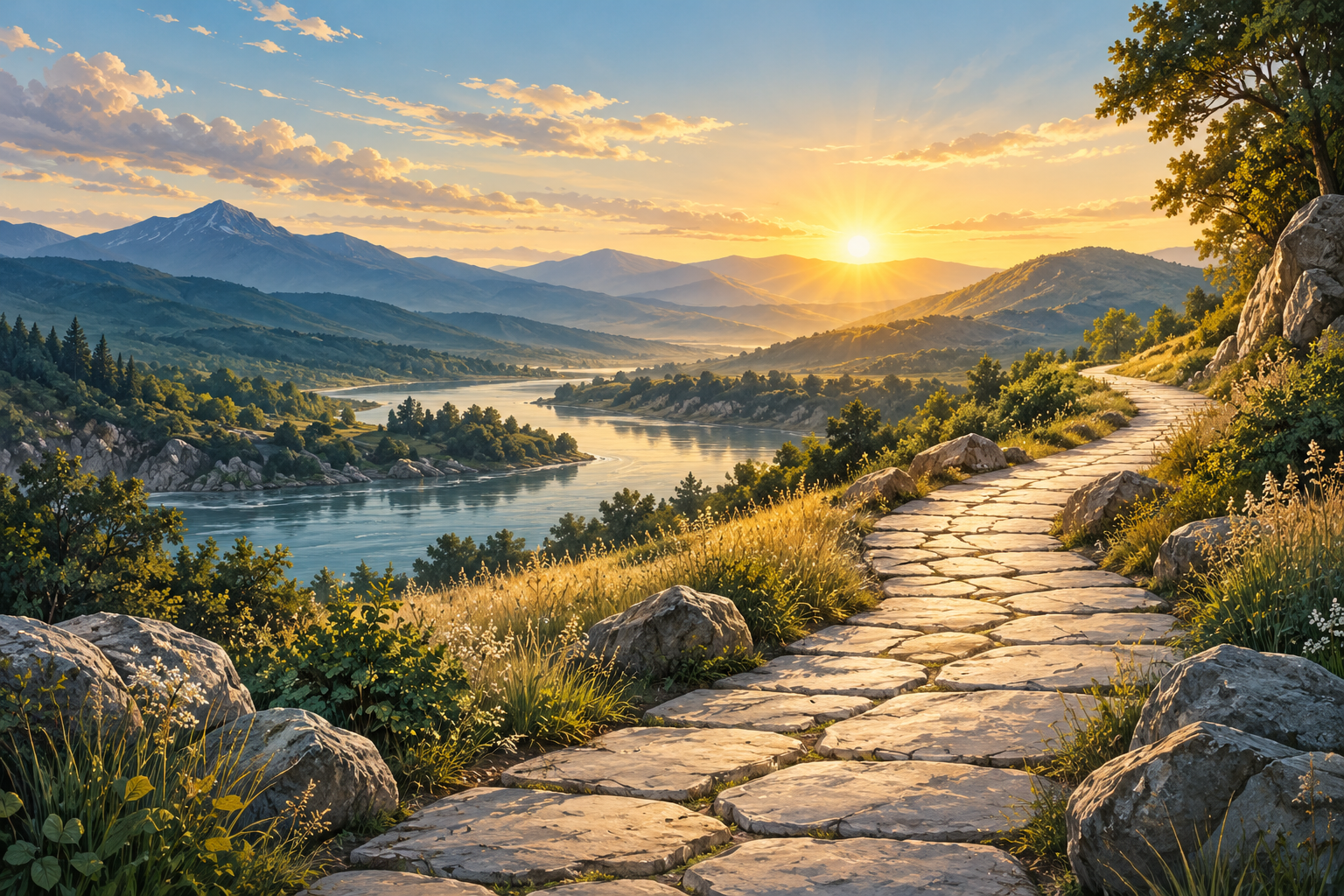A bright stone path winding through a peaceful landscape toward sunrise
